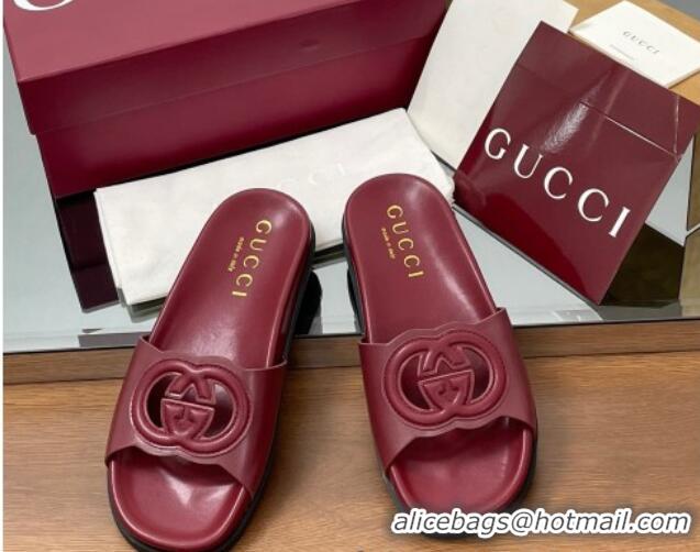 Grade Quality Gucci Leather Interlocking G Flat Slides Sandal Dark Burgundy 2025 816334