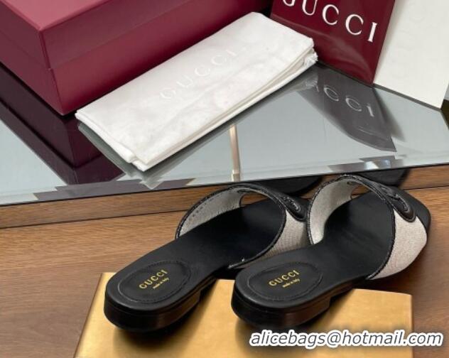 Good Quality Gucci Canvas and Leather Interlocking G Flat Slides Sandal Black 2025 835723