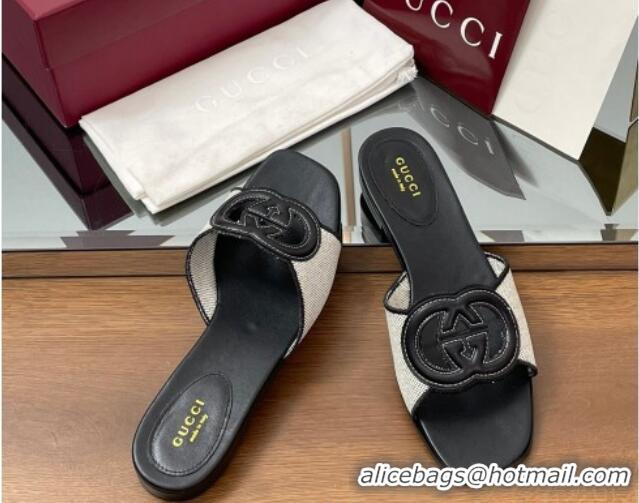 Good Quality Gucci Canvas and Leather Interlocking G Flat Slides Sandal Black 2025 835723