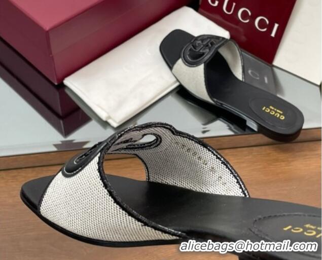 Good Quality Gucci Canvas and Leather Interlocking G Flat Slides Sandal Black 2025 835723
