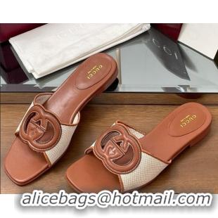 Buy Luxury Gucci Canvas and Leather Interlocking G Flat Slides Sandal Brown 2025 835723