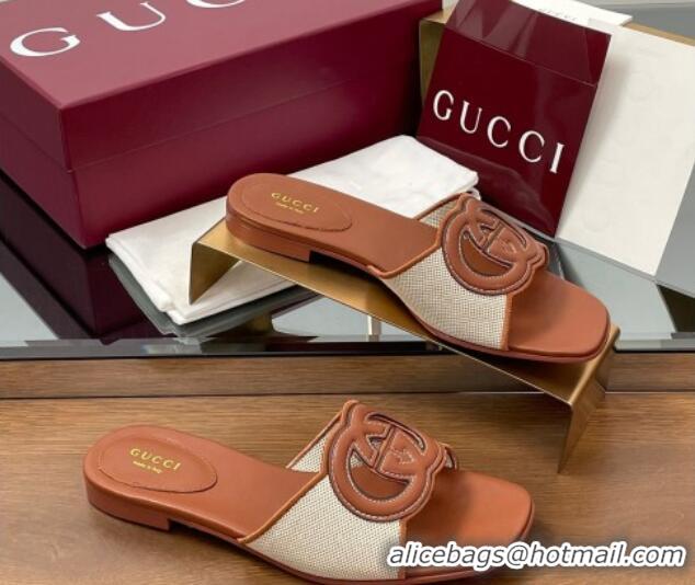 Buy Luxury Gucci Canvas and Leather Interlocking G Flat Slides Sandal Brown 2025 835723