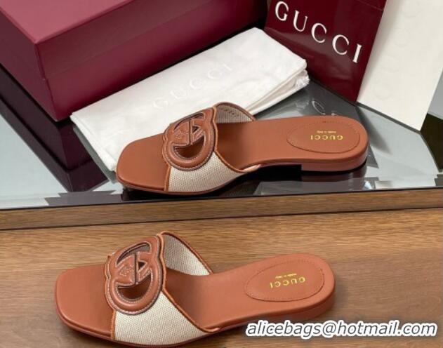 Buy Luxury Gucci Canvas and Leather Interlocking G Flat Slides Sandal Brown 2025 835723