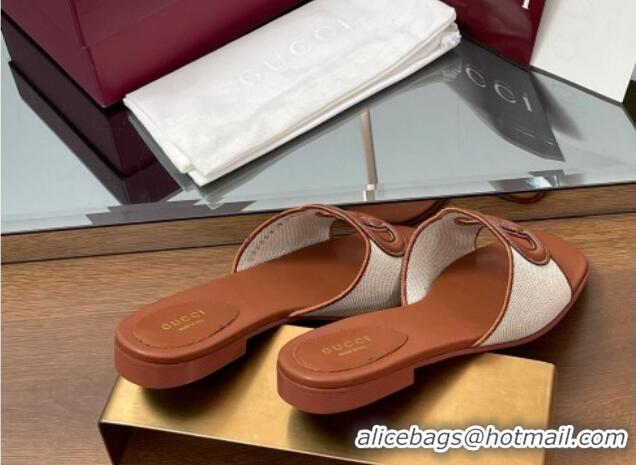 Buy Luxury Gucci Canvas and Leather Interlocking G Flat Slides Sandal Brown 2025 835723