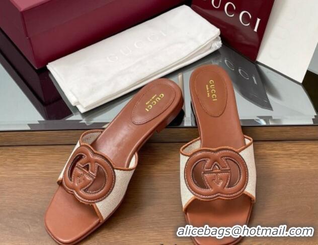Buy Luxury Gucci Canvas and Leather Interlocking G Flat Slides Sandal Brown 2025 835723