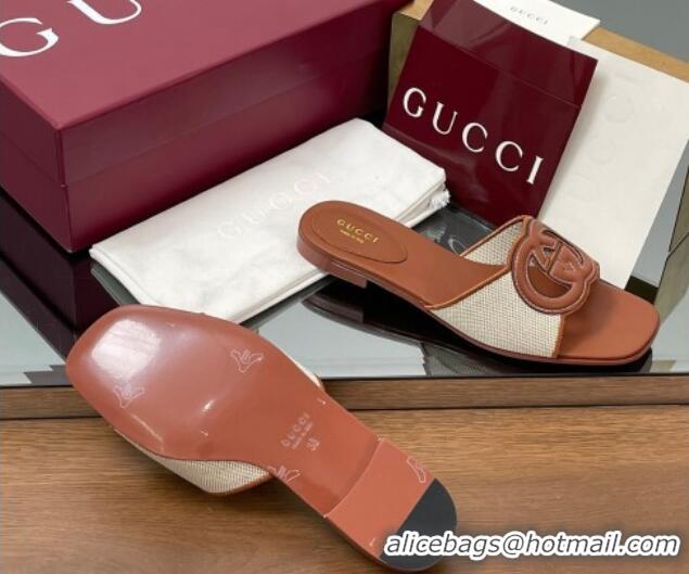 Buy Luxury Gucci Canvas and Leather Interlocking G Flat Slides Sandal Brown 2025 835723