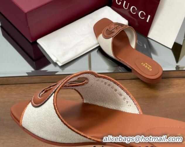 Buy Luxury Gucci Canvas and Leather Interlocking G Flat Slides Sandal Brown 2025 835723