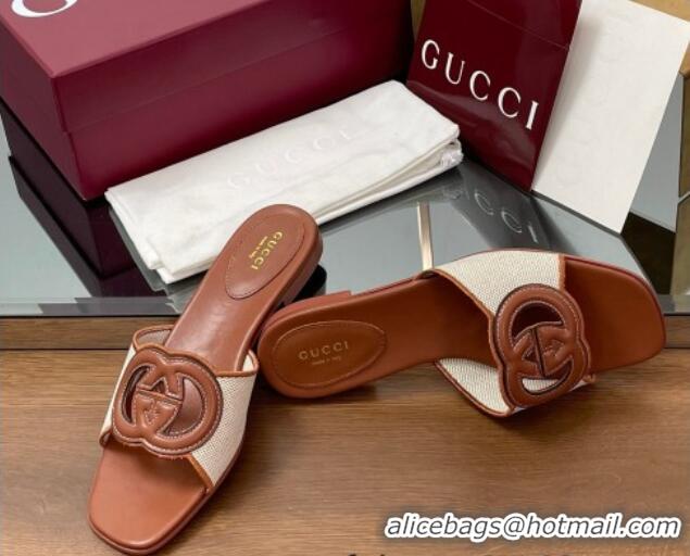 Buy Luxury Gucci Canvas and Leather Interlocking G Flat Slides Sandal Brown 2025 835723
