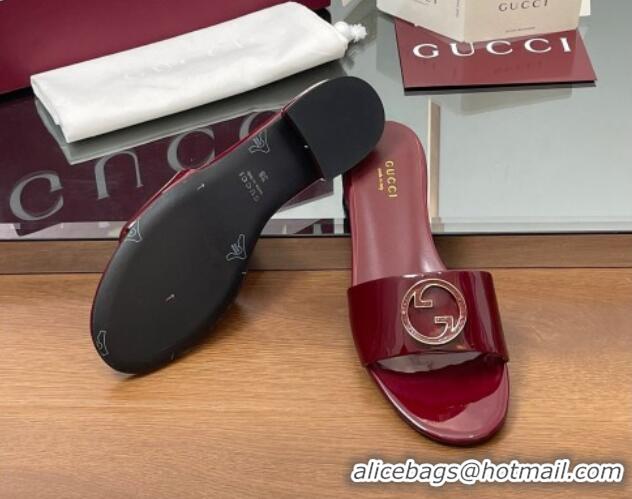 Buy New Cheap Gucci Patent Leather Round Interlocking G Flat Slides Sandal Dark Burgundy 2025 820860