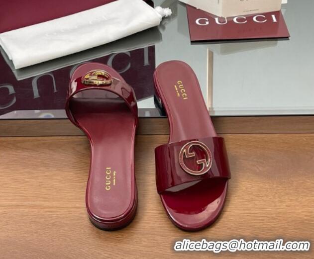 Buy New Cheap Gucci Patent Leather Round Interlocking G Flat Slides Sandal Dark Burgundy 2025 820860