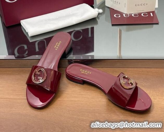Buy New Cheap Gucci Patent Leather Round Interlocking G Flat Slides Sandal Dark Burgundy 2025 820860