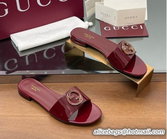 Buy New Cheap Gucci Patent Leather Round Interlocking G Flat Slides Sandal Dark Burgundy 2025 820860