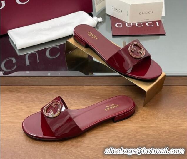 Buy New Cheap Gucci Patent Leather Round Interlocking G Flat Slides Sandal Dark Burgundy 2025 820860