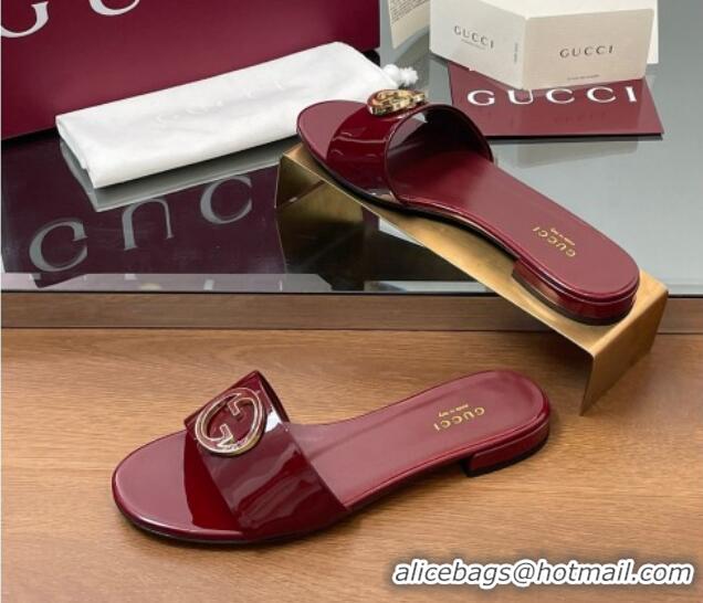 Buy New Cheap Gucci Patent Leather Round Interlocking G Flat Slides Sandal Dark Burgundy 2025 820860
