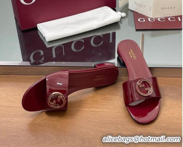 Buy New Cheap Gucci Patent Leather Round Interlocking G Flat Slides Sandal Dark Burgundy 2025 820860