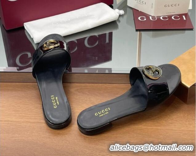 Classic Hot Gucci Patent Leather Round Interlocking G Flat Slides Sandal Black 2025 820860