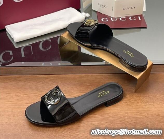 Classic Hot Gucci Patent Leather Round Interlocking G Flat Slides Sandal Black 2025 820860