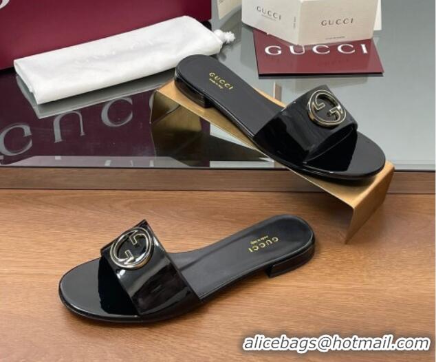 Classic Hot Gucci Patent Leather Round Interlocking G Flat Slides Sandal Black 2025 820860