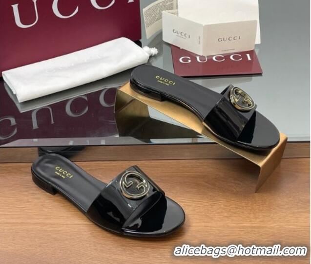 Classic Hot Gucci Patent Leather Round Interlocking G Flat Slides Sandal Black 2025 820860