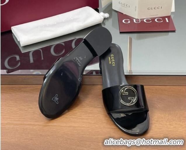 Classic Hot Gucci Patent Leather Round Interlocking G Flat Slides Sandal Black 2025 820860