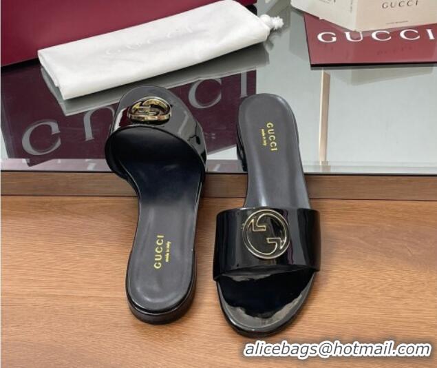Classic Hot Gucci Patent Leather Round Interlocking G Flat Slides Sandal Black 2025 820860