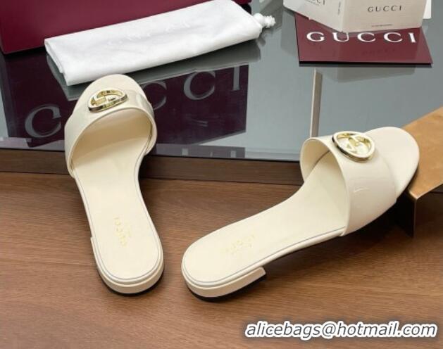 Pretty Style Gucci Patent Leather Round Interlocking G Flat Slides Sandal Ivory White 2025 820860
