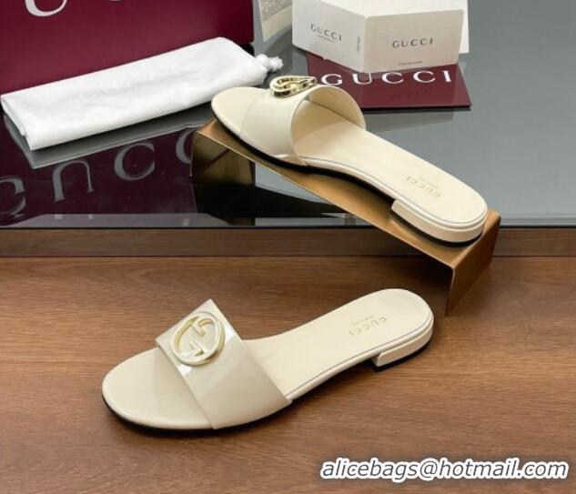 Pretty Style Gucci Patent Leather Round Interlocking G Flat Slides Sandal Ivory White 2025 820860
