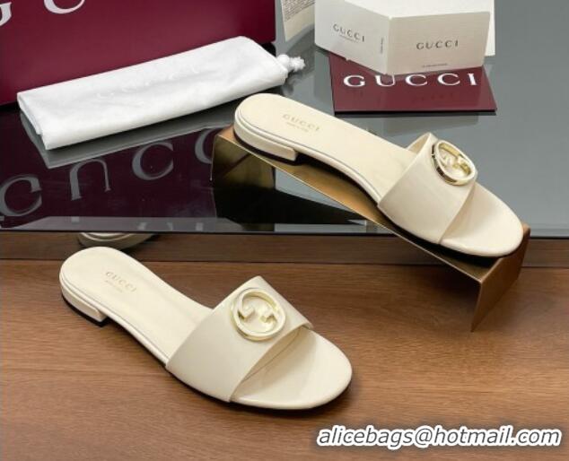 Pretty Style Gucci Patent Leather Round Interlocking G Flat Slides Sandal Ivory White 2025 820860