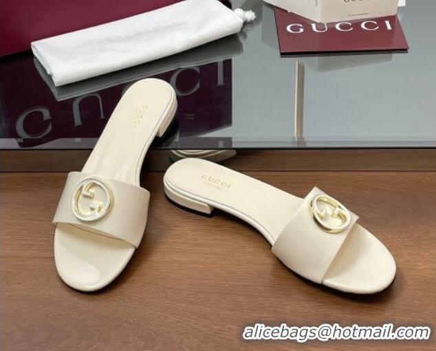 Pretty Style Gucci Patent Leather Round Interlocking G Flat Slides Sandal Ivory White 2025 820860