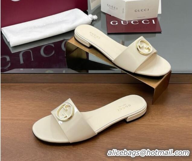 Pretty Style Gucci Patent Leather Round Interlocking G Flat Slides Sandal Ivory White 2025 820860