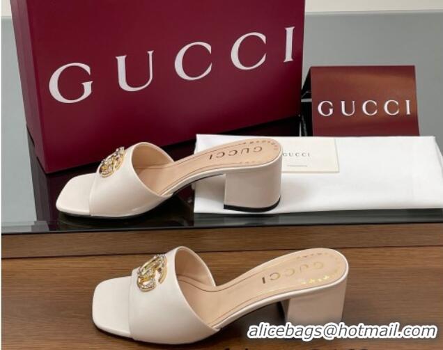 Shop Cheap Gucci Leather Heel Slides Sandal 5.5cm with Strass Double G White 2025 817257