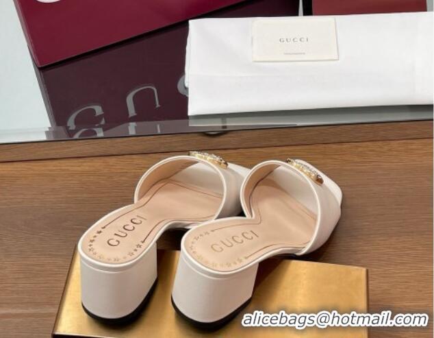 Shop Cheap Gucci Leather Heel Slides Sandal 5.5cm with Strass Double G White 2025 817257