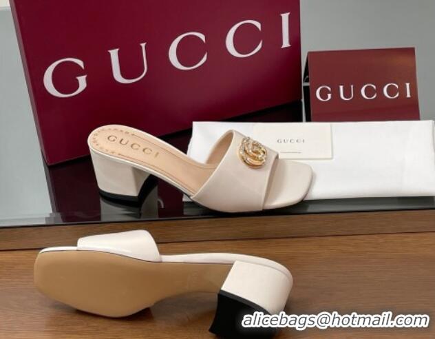 Shop Cheap Gucci Leather Heel Slides Sandal 5.5cm with Strass Double G White 2025 817257
