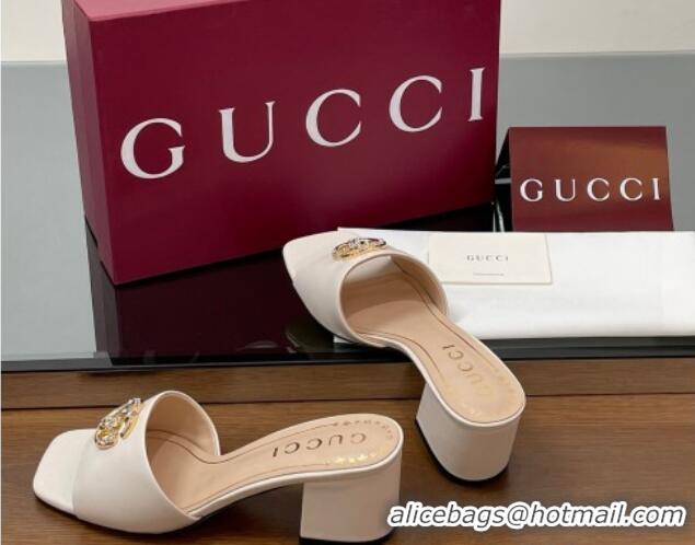 Shop Cheap Gucci Leather Heel Slides Sandal 5.5cm with Strass Double G White 2025 817257