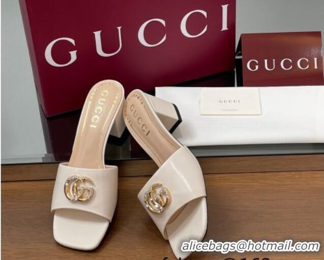 Shop Cheap Gucci Leather Heel Slides Sandal 5.5cm with Strass Double G White 2025 817257