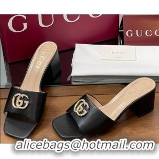Best Grade Gucci Leather Heel Slides Sandal 5.5cm with Strass Double G Black 2025 817257