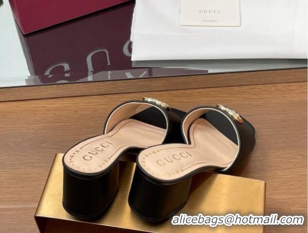 Best Grade Gucci Leather Heel Slides Sandal 5.5cm with Strass Double G Black 2025 817257