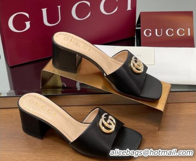 Best Grade Gucci Leather Heel Slides Sandal 5.5cm with Strass Double G Black 2025 817257