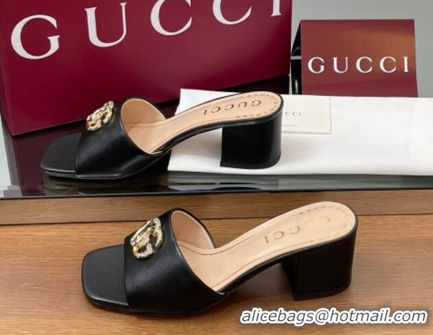 Best Grade Gucci Leather Heel Slides Sandal 5.5cm with Strass Double G Black 2025 817257