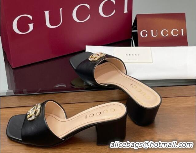 Best Grade Gucci Leather Heel Slides Sandal 5.5cm with Strass Double G Black 2025 817257