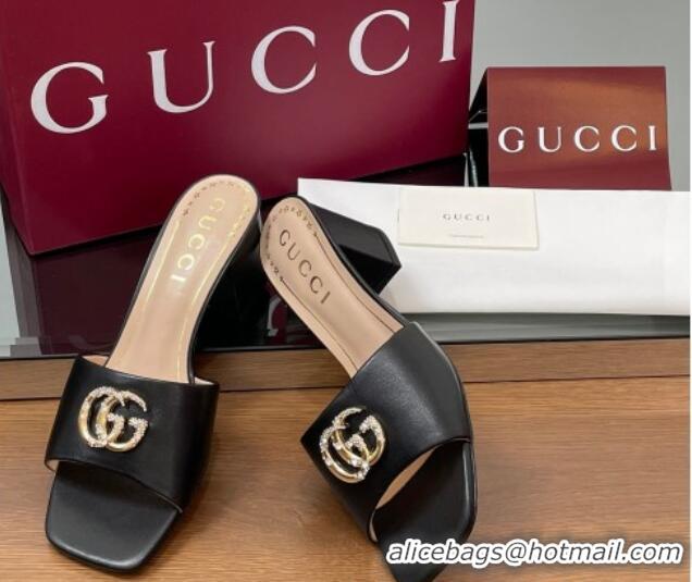 Best Grade Gucci Leather Heel Slides Sandal 5.5cm with Strass Double G Black 2025 817257