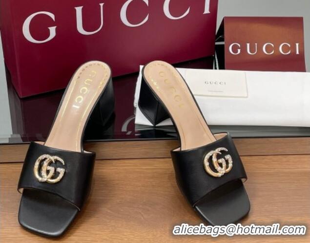 Best Grade Gucci Leather Heel Slides Sandal 5.5cm with Strass Double G Black 2025 817257