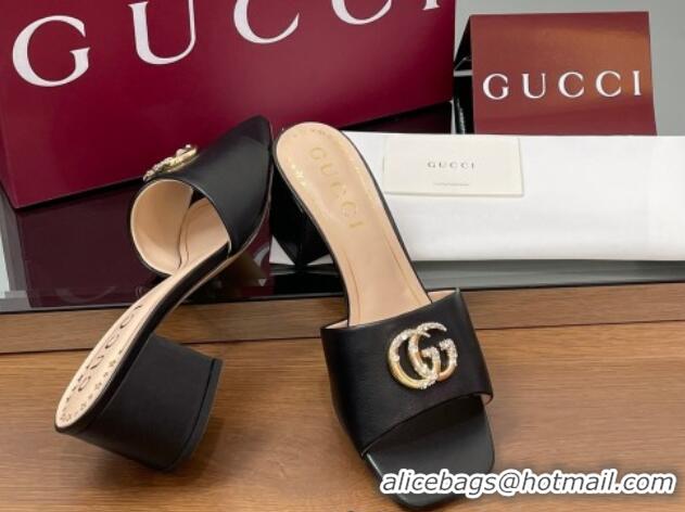 Best Grade Gucci Leather Heel Slides Sandal 5.5cm with Strass Double G Black 2025 817257