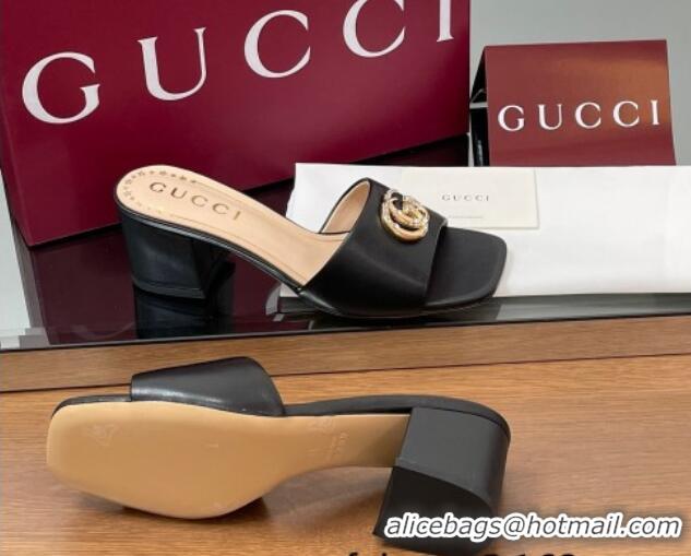 Best Grade Gucci Leather Heel Slides Sandal 5.5cm with Strass Double G Black 2025 817257