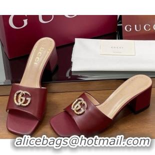 Generous Gucci Leather Heel Slides Sandal 5.5cm with Strass Double G Burgundy 2025 817257