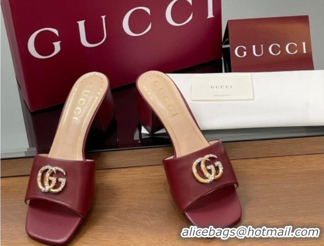 Generous Gucci Leather Heel Slides Sandal 5.5cm with Strass Double G Burgundy 2025 817257