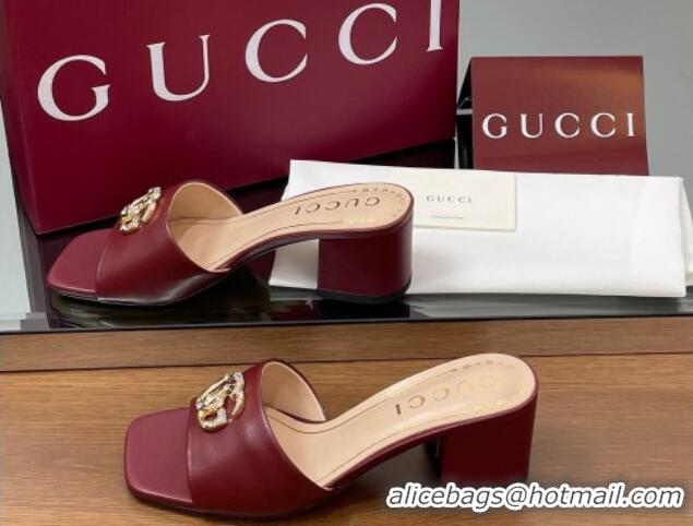 Generous Gucci Leather Heel Slides Sandal 5.5cm with Strass Double G Burgundy 2025 817257