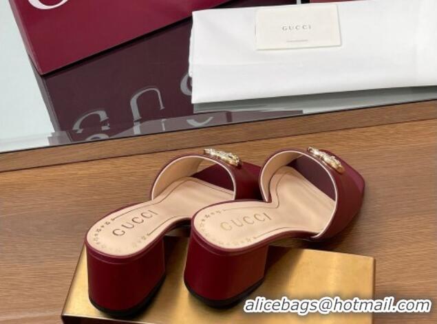 Generous Gucci Leather Heel Slides Sandal 5.5cm with Strass Double G Burgundy 2025 817257