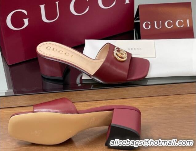 Generous Gucci Leather Heel Slides Sandal 5.5cm with Strass Double G Burgundy 2025 817257