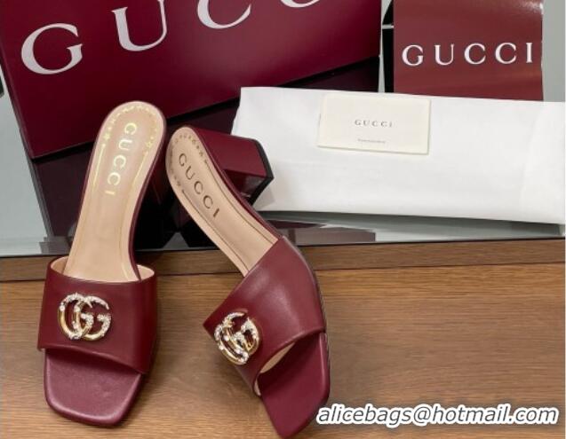 Generous Gucci Leather Heel Slides Sandal 5.5cm with Strass Double G Burgundy 2025 817257